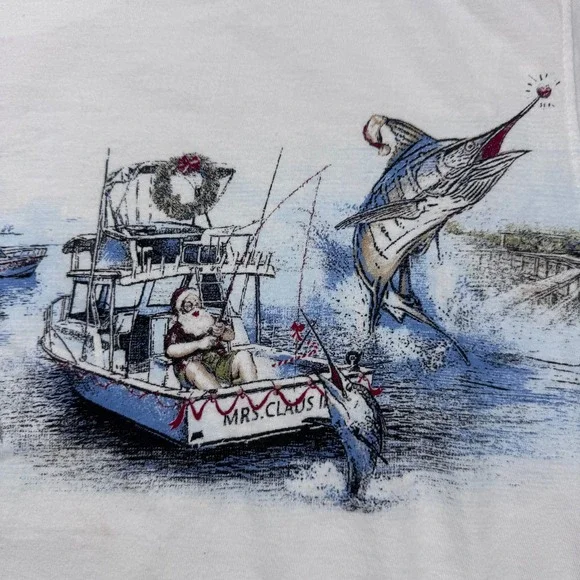 Clearwater Outfitters Christmas T Shirt Mens Large Santa Marlin Fishing Boat - Picture 3 of 11